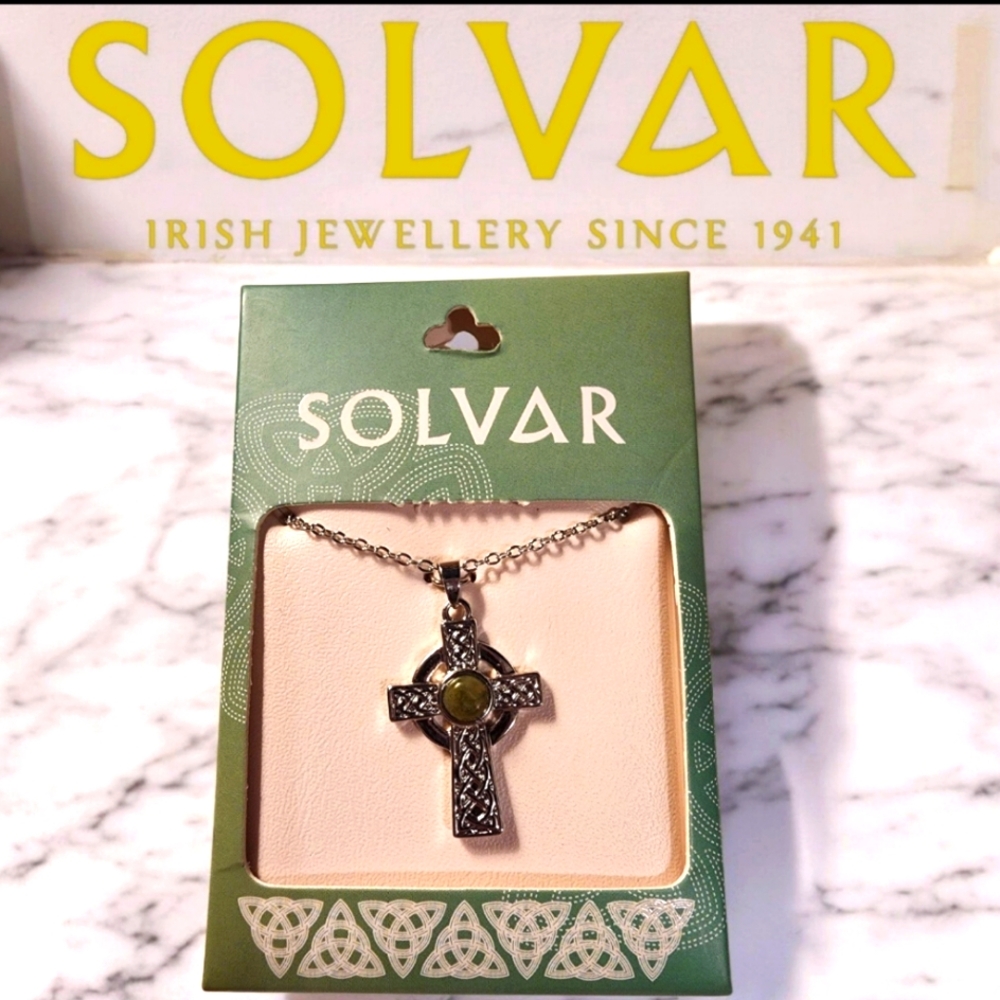 New! Solvar Sterling Silver Connemara Marble Celtic Cross Necklace